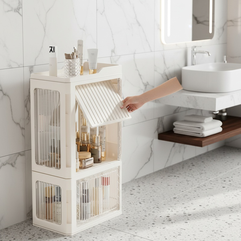 Vue latérale de l'étagère de rangement modulable pour salle de bain