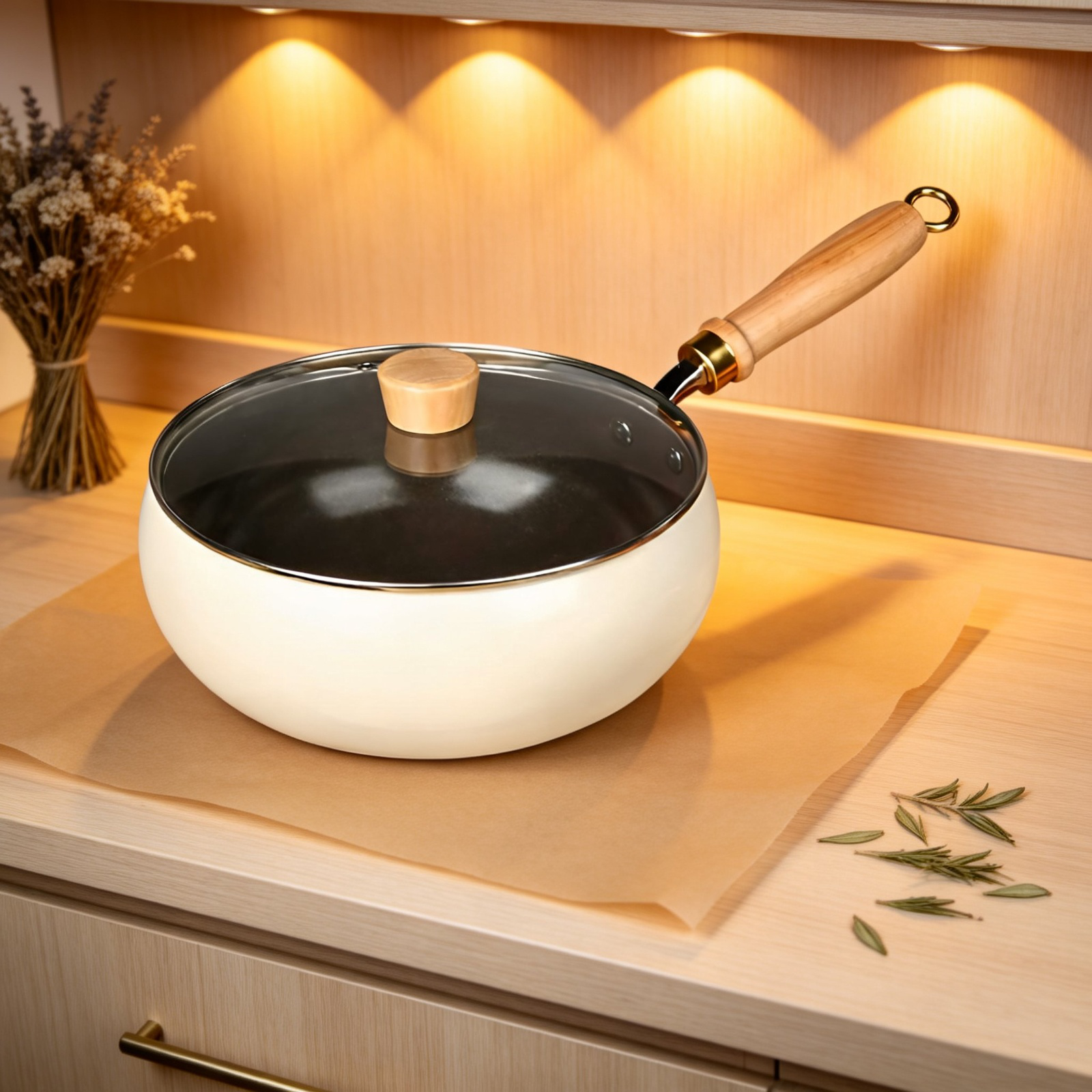 Olla de cristal de titanio pequeña en cocina moderna