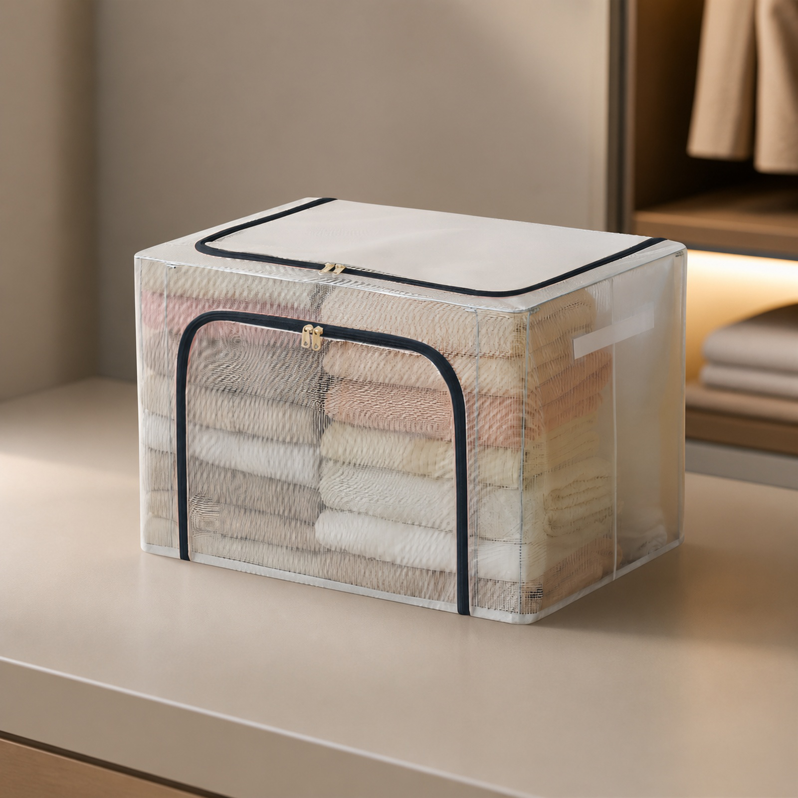 Extra thick clear bin for storing clothes and linens