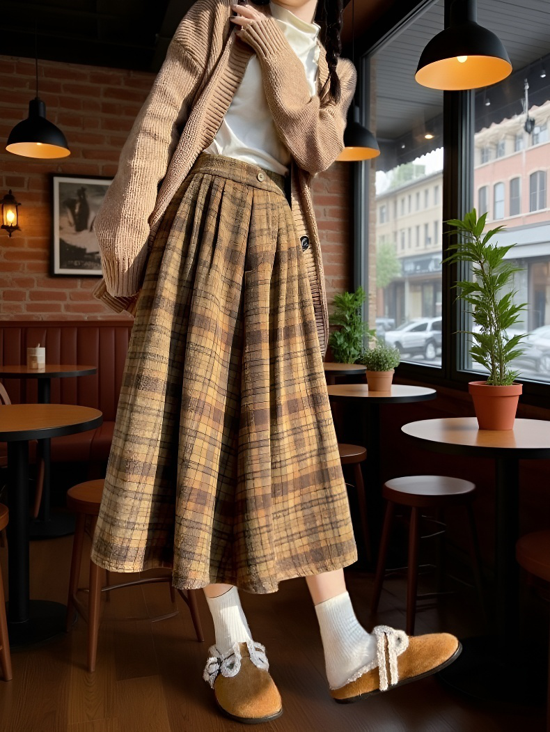 하이웨스트 체크 스커트와 니트 코디 이미지