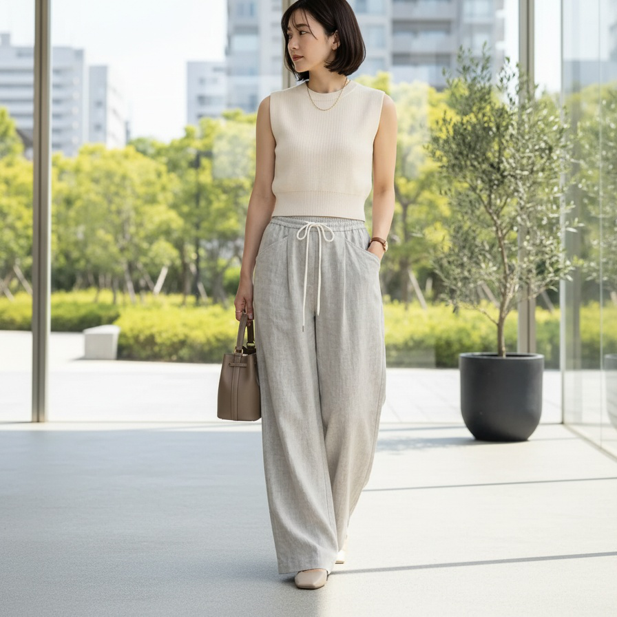 レディース クラウドパンツ、夏物薄手新スタイル、レイジースタイル、ハイウエスト、ゆったりフィット、スリムフィット、カジュアル 山本ワイドレッグパンツ