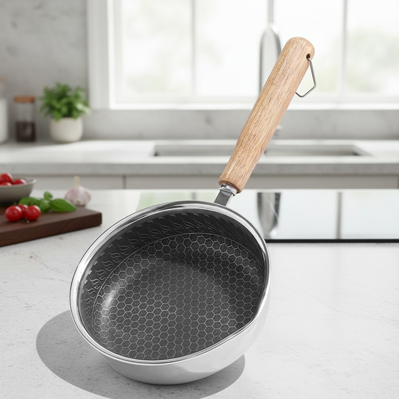 Top view of kitchen frying pan with non-stick surface