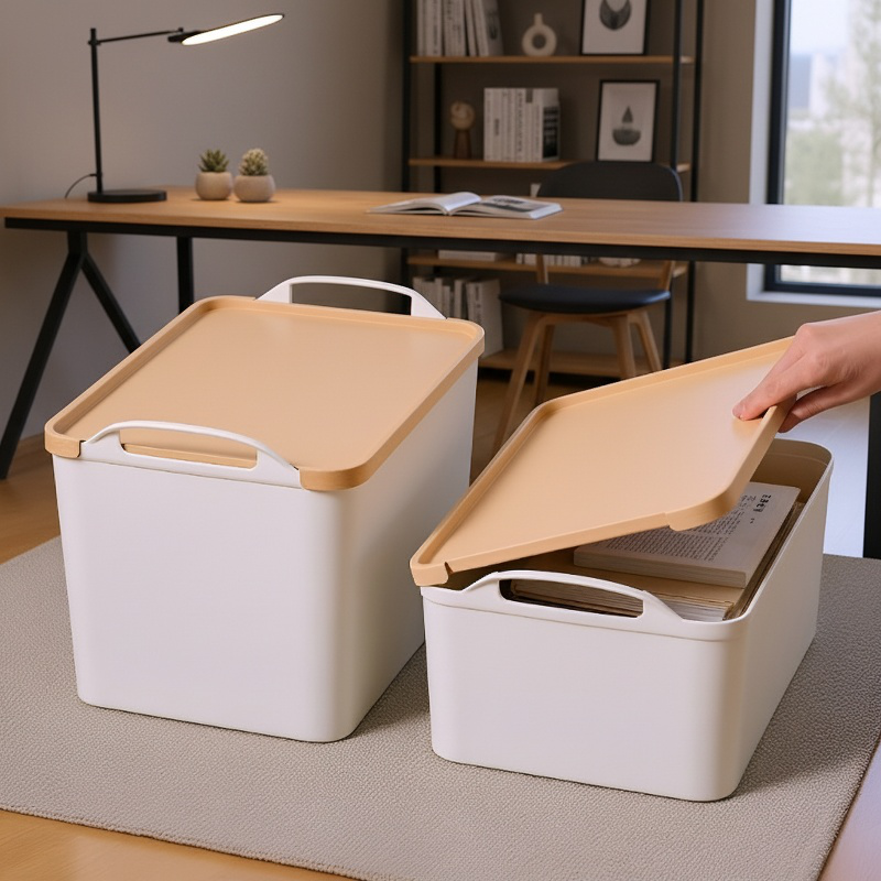 Boîte de rangement domestique en plastique avec couvercle pour vêtements et bric-à-brac