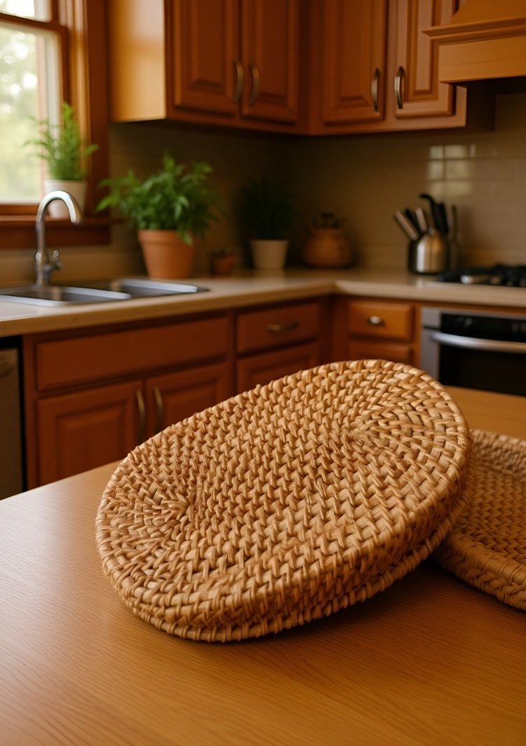 Elegant woven basket with bread loaves inside