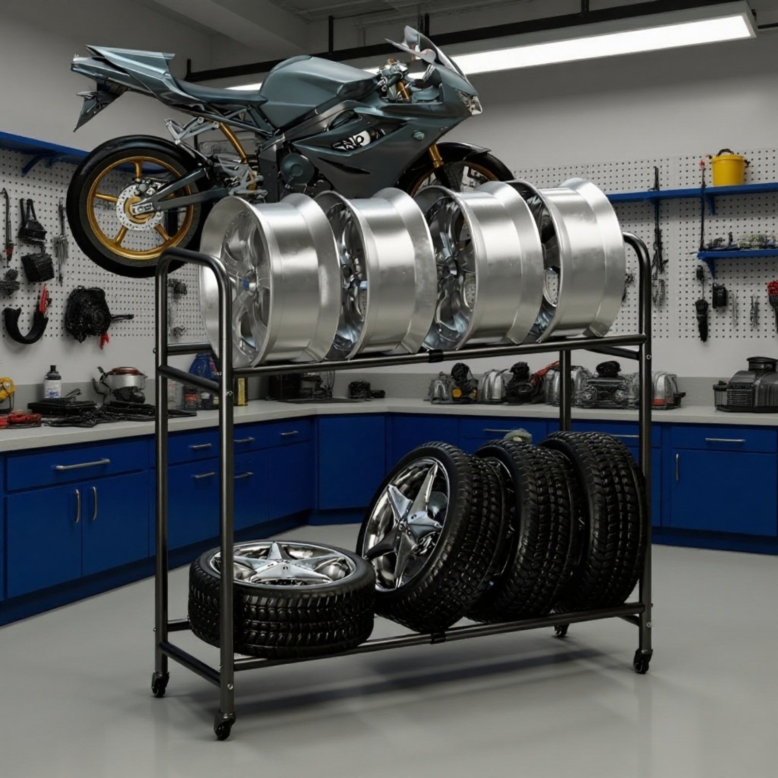タイヤラックセット 2段タイヤラック 大型 幅108cm 高さ調節可能 タイヤ8個 キャスター付き収納 屋外用タイヤラック タイヤ収納ラック 横揺れ防止 棚幅広 組み立て簡単。