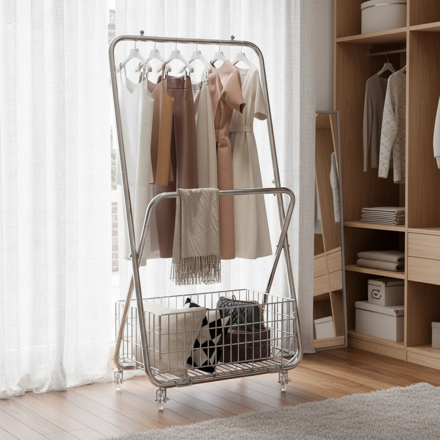 床置き洋服ラック フロアベッドルームコートラック 厚みのある金属製 キャスター付き バルコニー洋服ラック フレーム付き