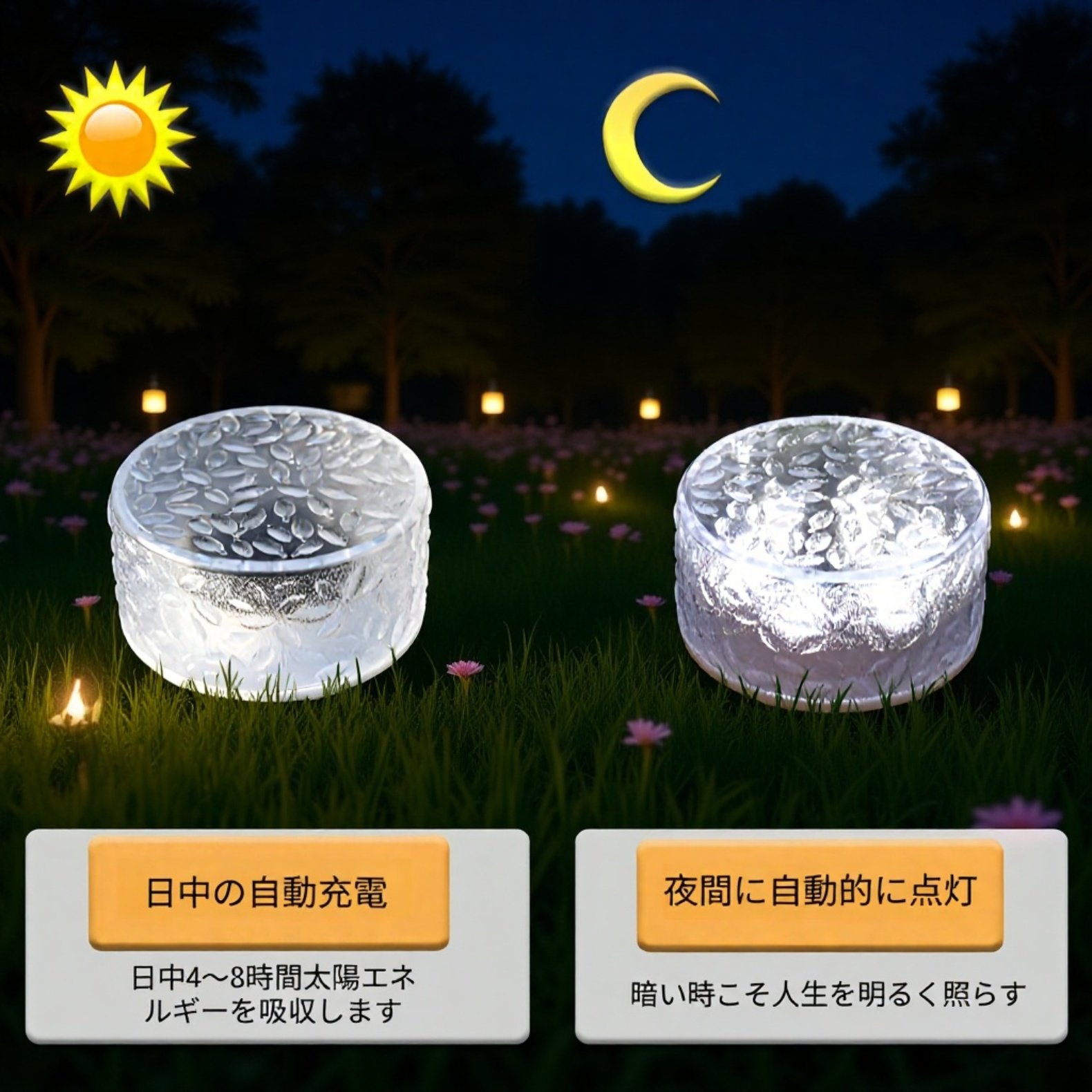 防水LEDランタンで庭を照らす様子