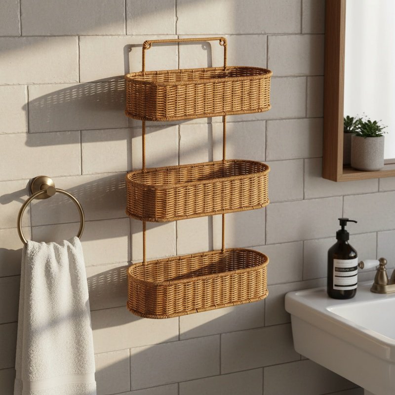 Imitation Rattan Style Bathroom Rack No-Drill Multi-Purpose Organizer