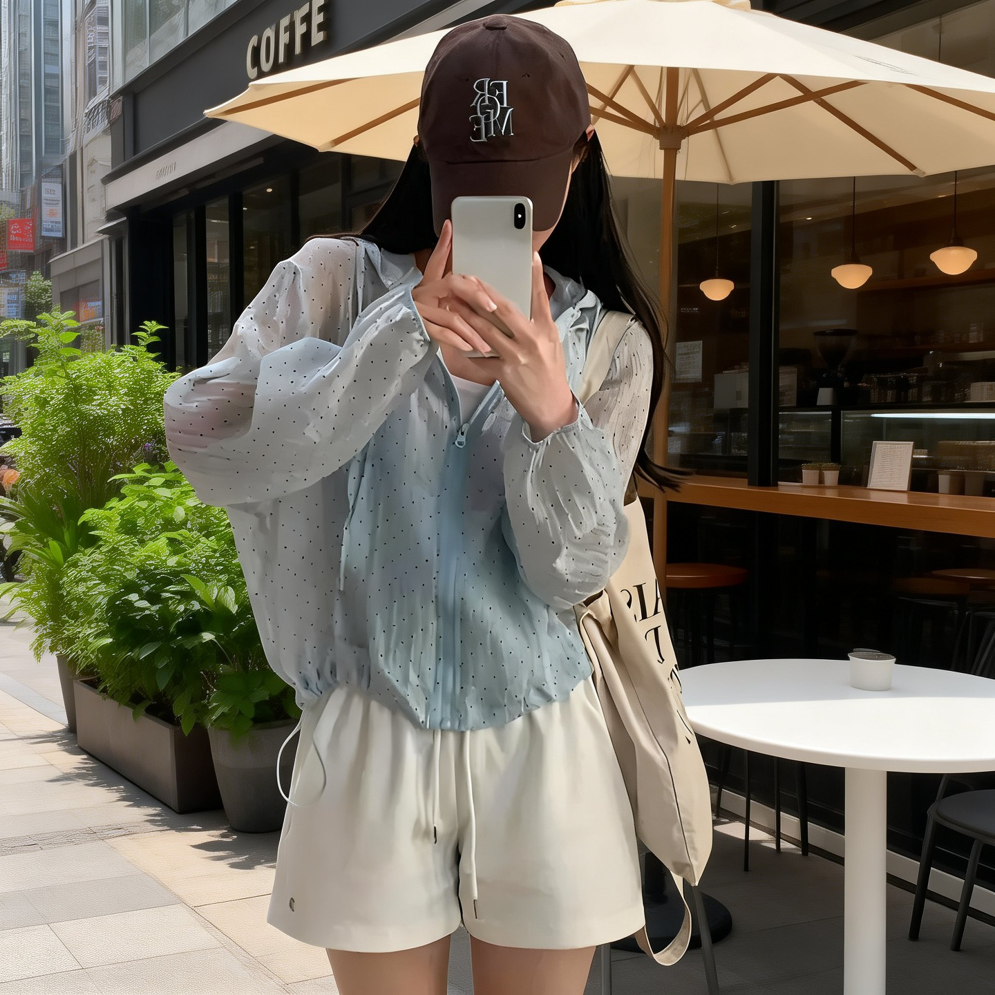 韓国風水玉模様のフード付き日焼け防止シャツ（女性用）