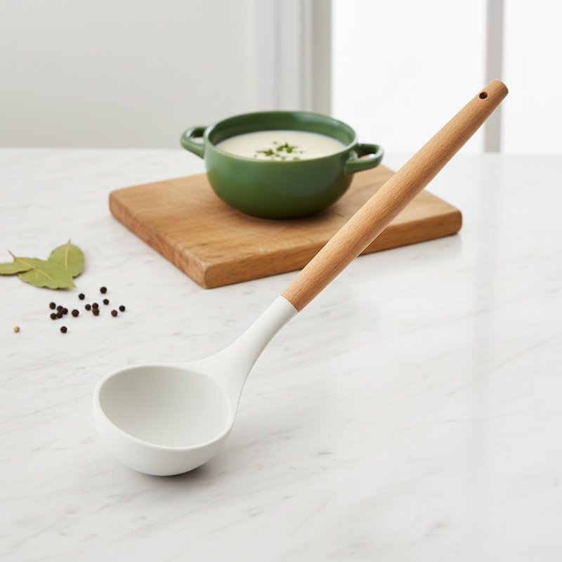 Heat-Resistant Wooden Handle Silicone Kitchenware 3-Piece Set (Soup Spoon, Spatula)