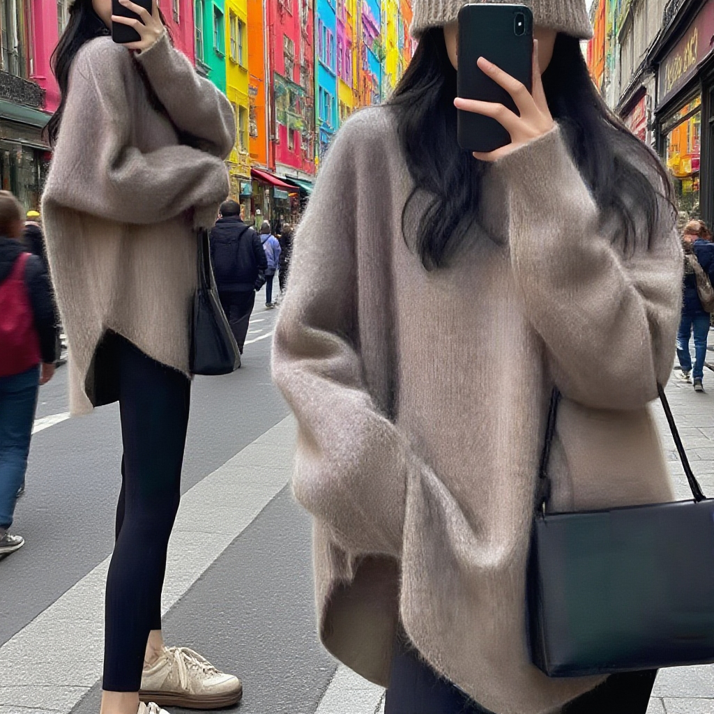 シンプル無地長袖クルーネックニットセーター