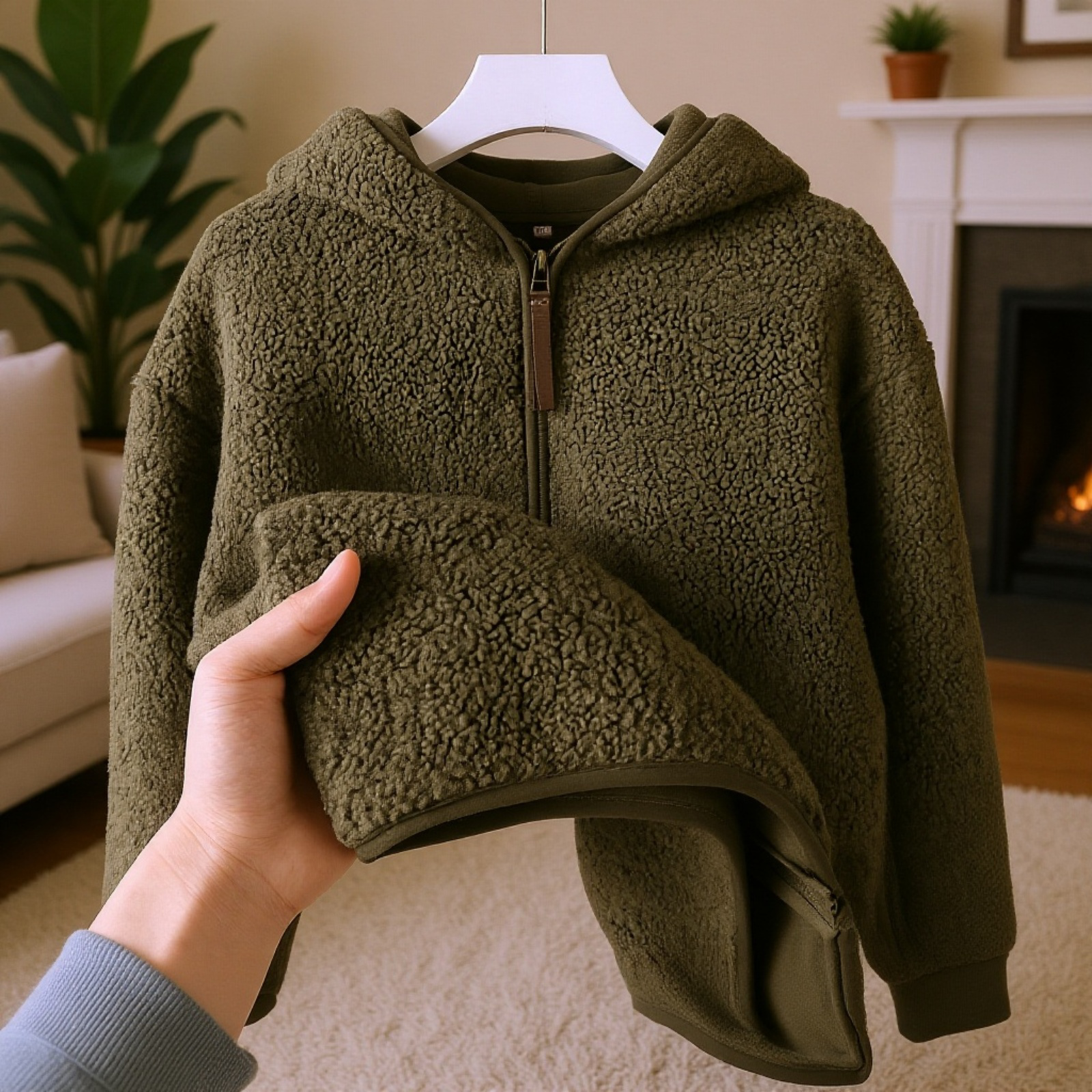 やさしいミルキーホワイト厚手フリース保温フード付きパーカー（秋冬用・女性用）