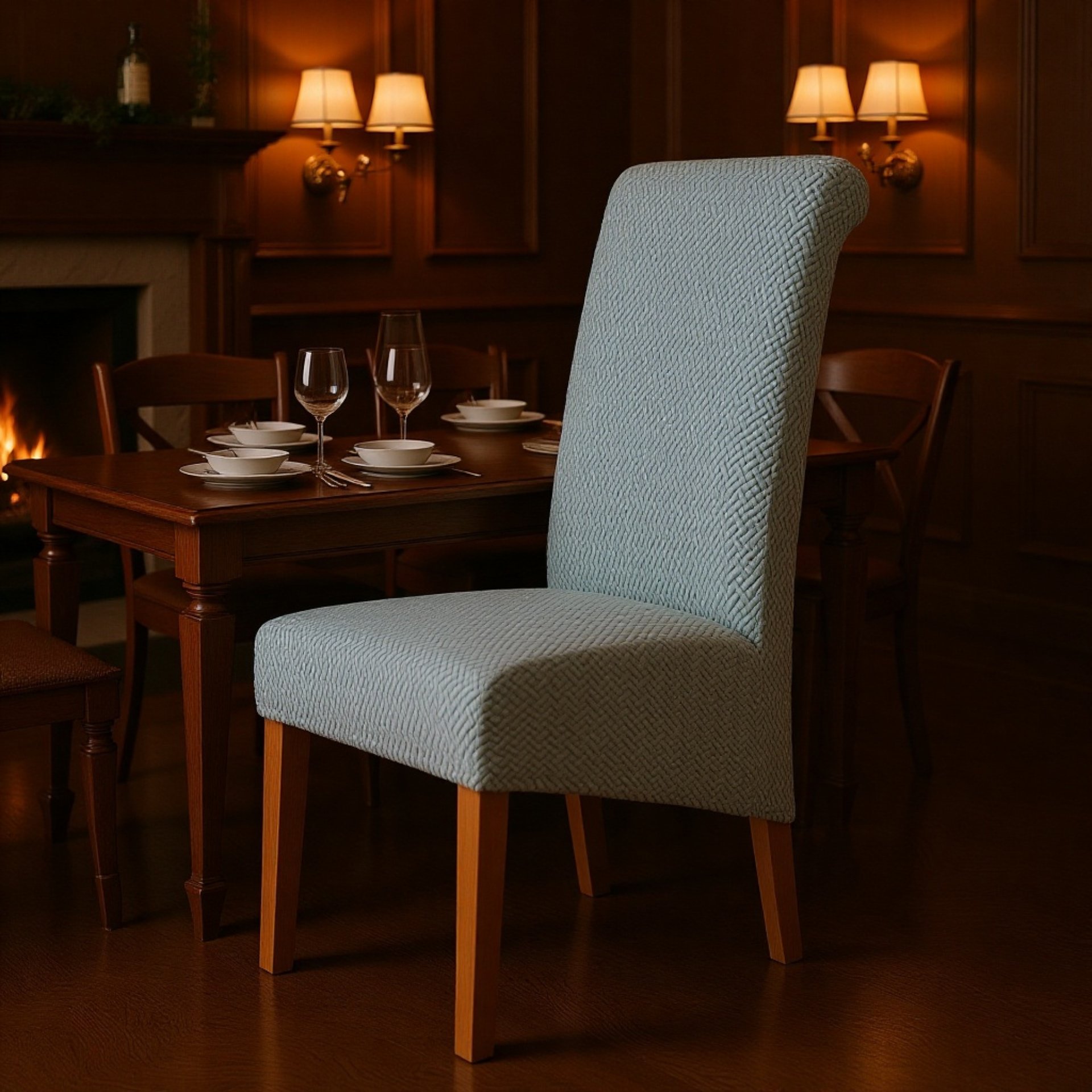 Chaise de salle à manger en tissu jacquard extensible, dossier haut, pour hôtel