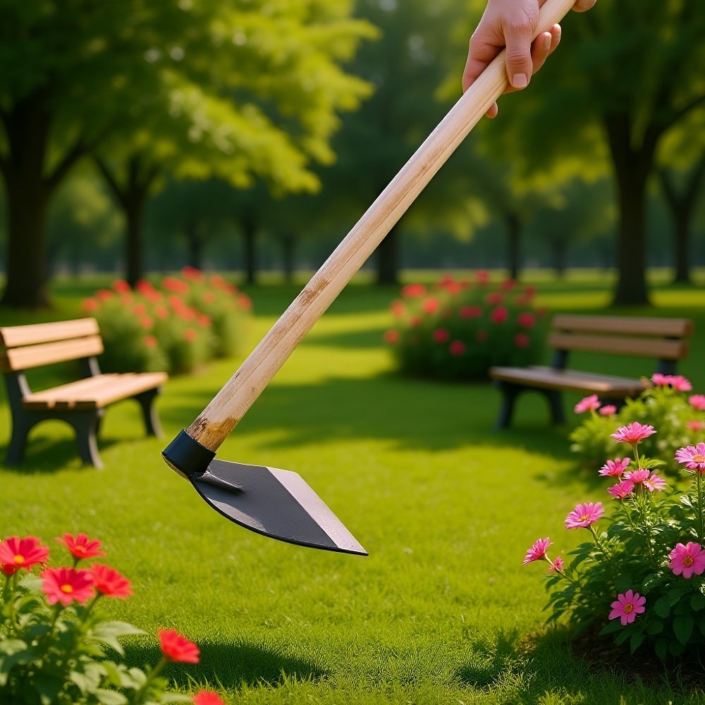 Magyar: Egyedi logóval ellátott, kovácsolt kerti gyomirtó kapa fa nyéllel