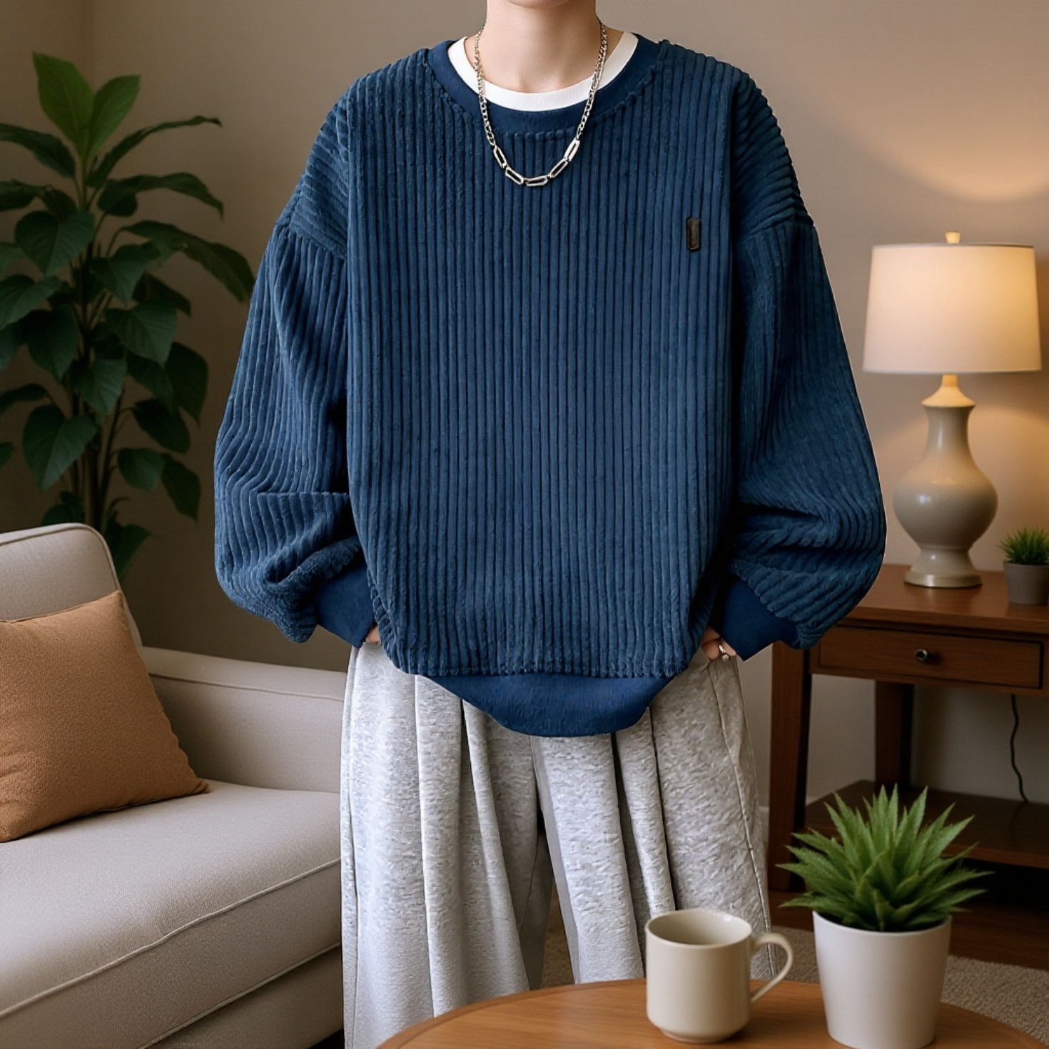 ラウンドネックデザインのカジュアルメンズジャケット