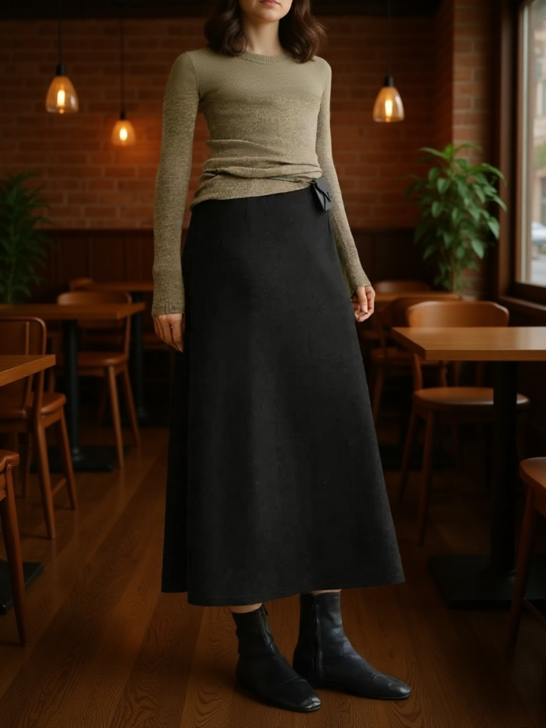 기모와 컬러감이 돋보이는 레귤러 미디 스커트