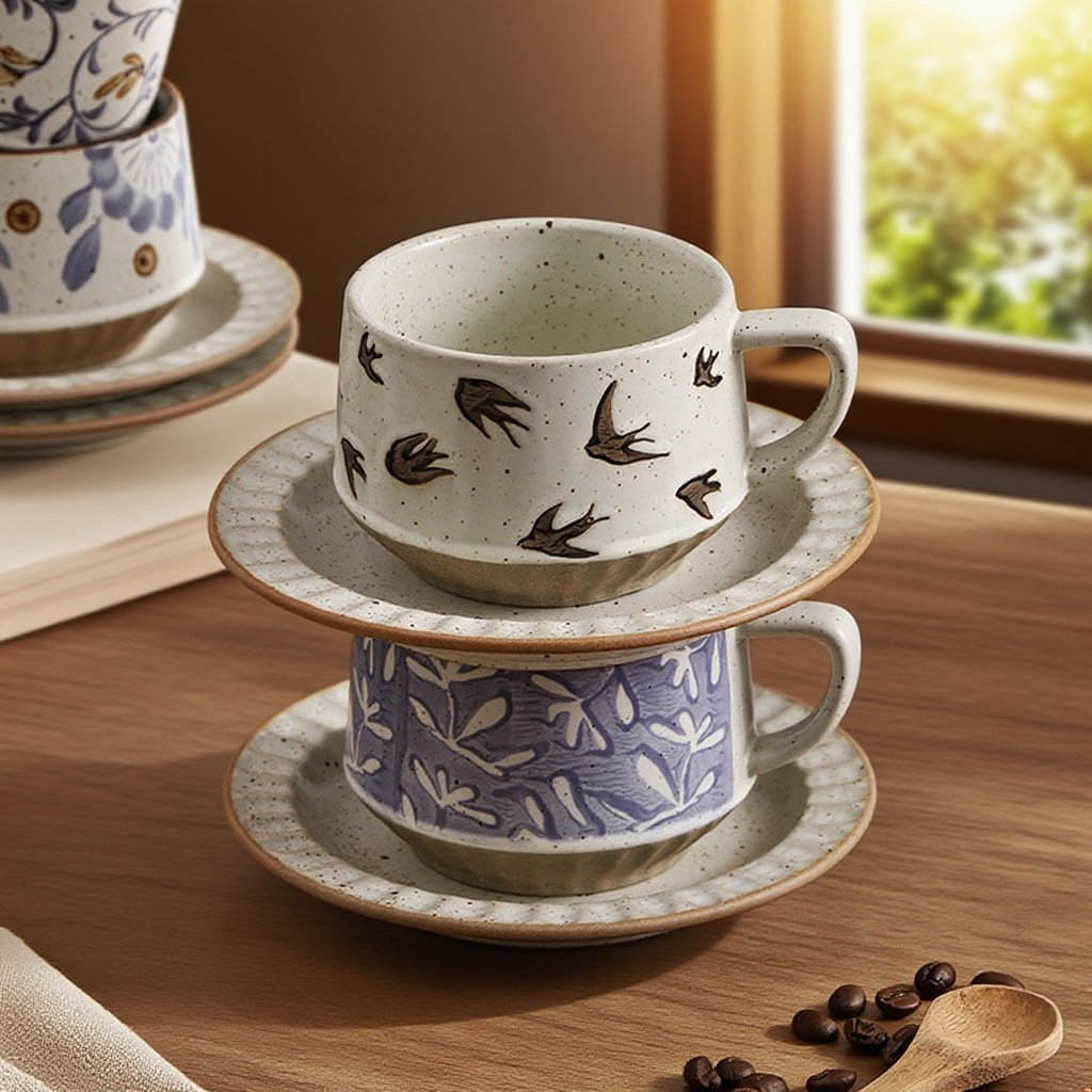 창의적인 레트로 커피 컵과 접시 세트