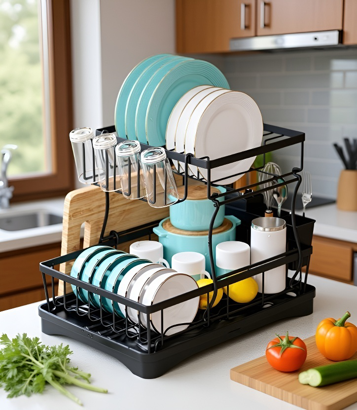 水が流れる排水トレイ付きの食器ラック