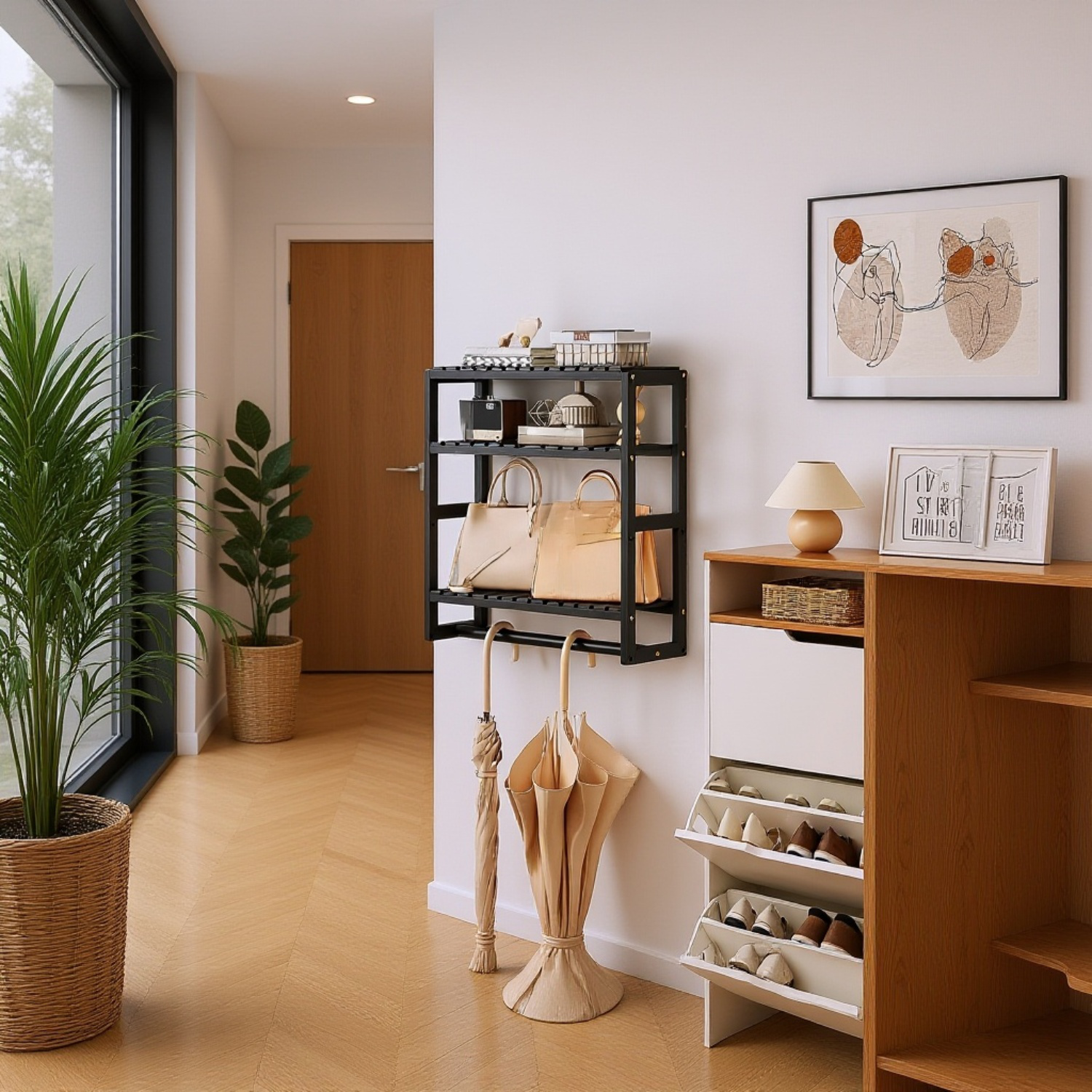 Regál do chodby z masivního dřeva pro organizaci