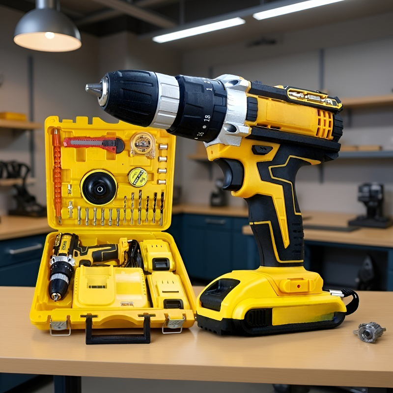 24V-os sárga akkumulátoros szerszámcsomag, elektromos fúrógéppel