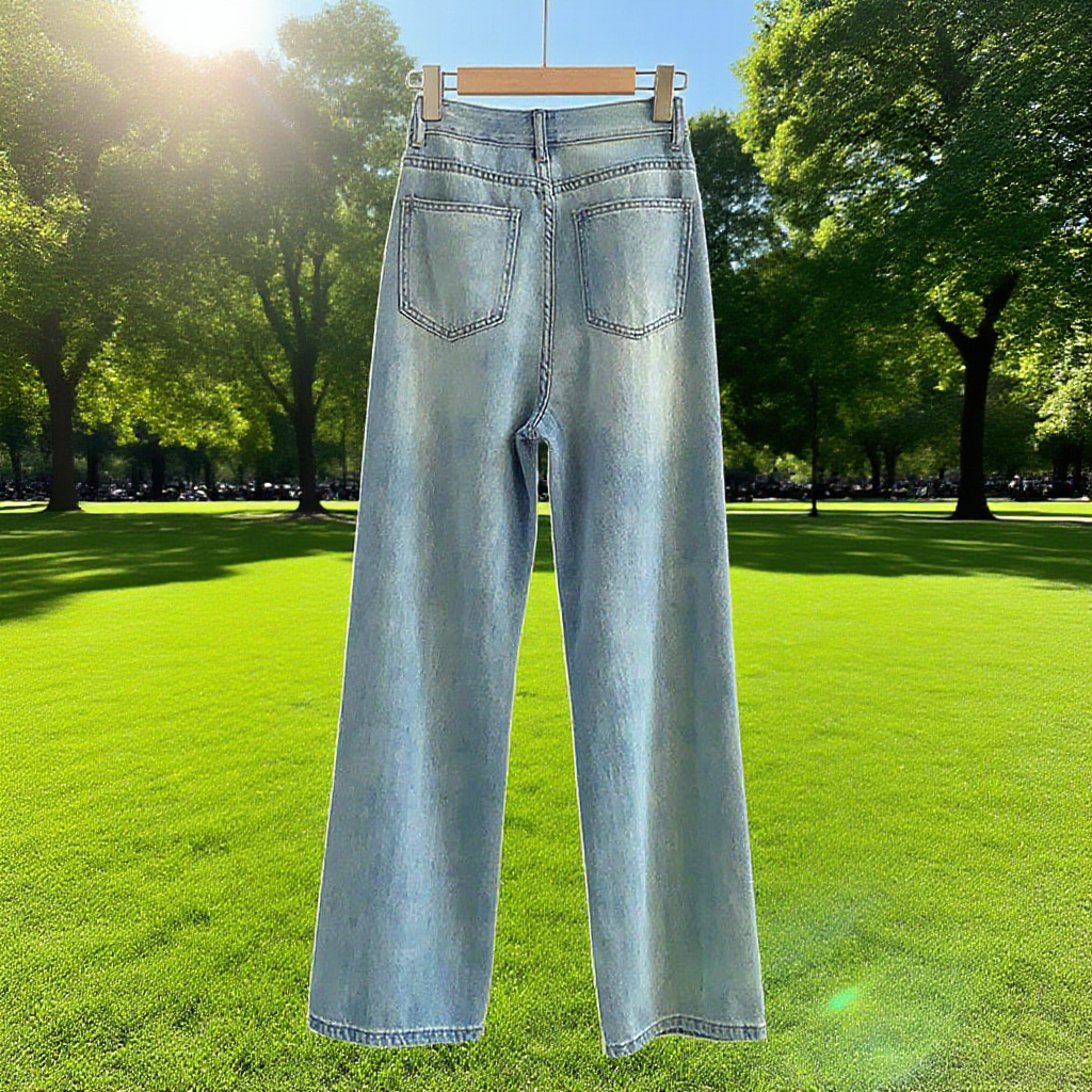 早秋薄手ゆったりストレートデニムパンツ