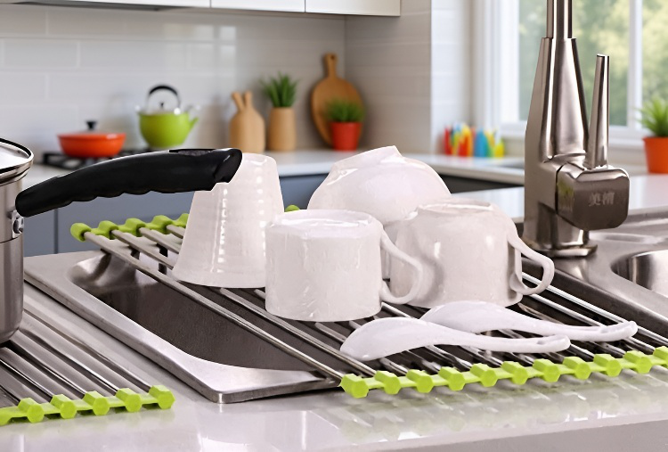 Stílusos edényszárító állvány fehér konyhában