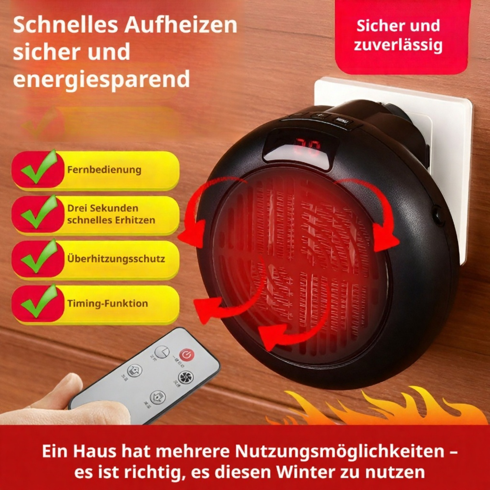 Mini-Heizung Home-Office-Schreibtisch kleine wandmontierte runde tragbare Elektroheizung mit doppelt