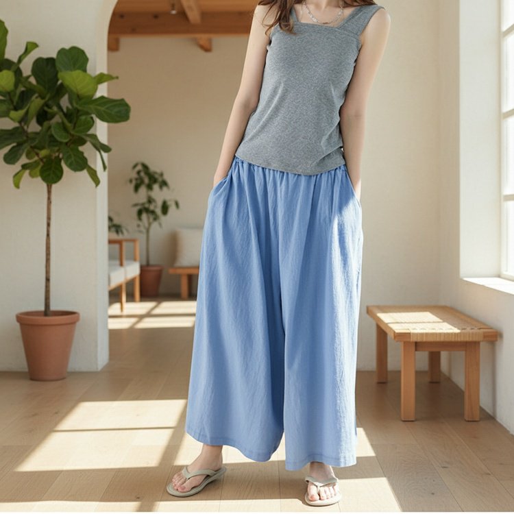 レディース 夏用 ゆったりリネンロングパンツ