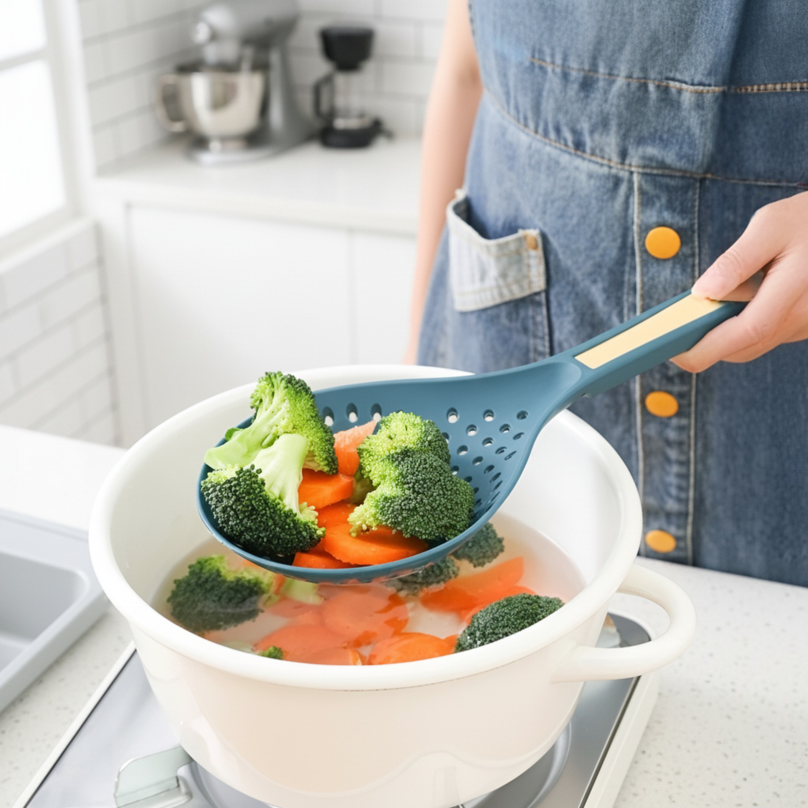 クリップ付き多機能麺すくい、耐熱ストレーナー、長い柄の大型プラスチックストレーナー、水切りストレーナー、餃子ストレーナー
