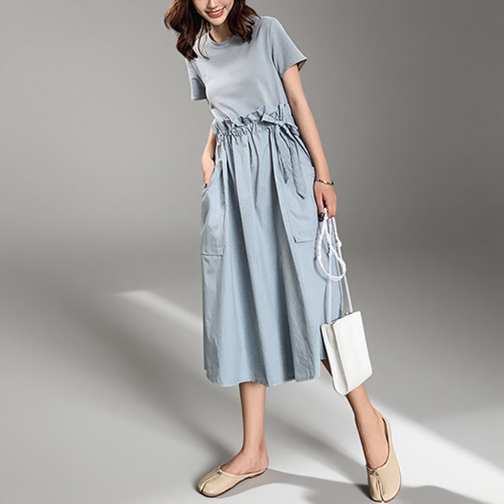 ワンピース  春 半袖 夏 綿 ドッキング 切替 ギャザー入り リボン付き 可愛い aライン きれいめ