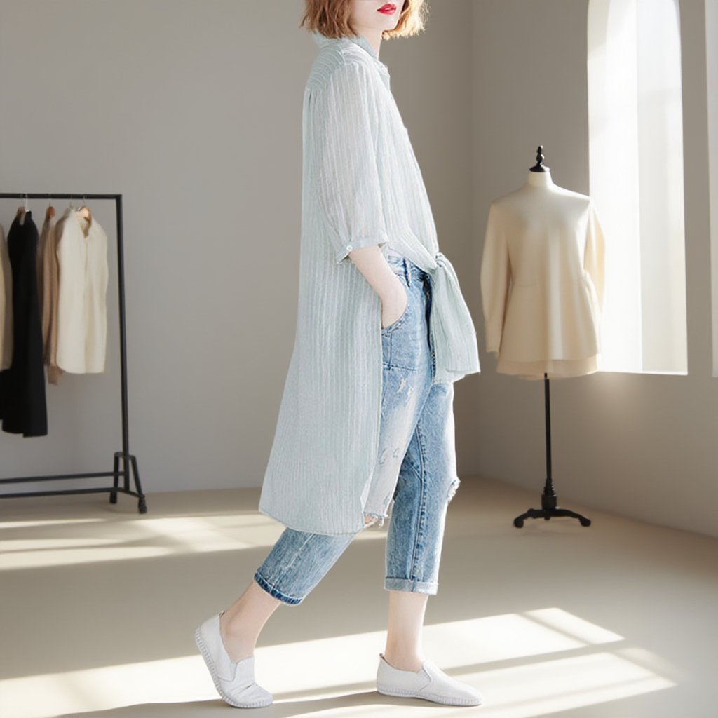 【レディースロングブラウス】涼しげな素材　可愛い　美しいシルエット