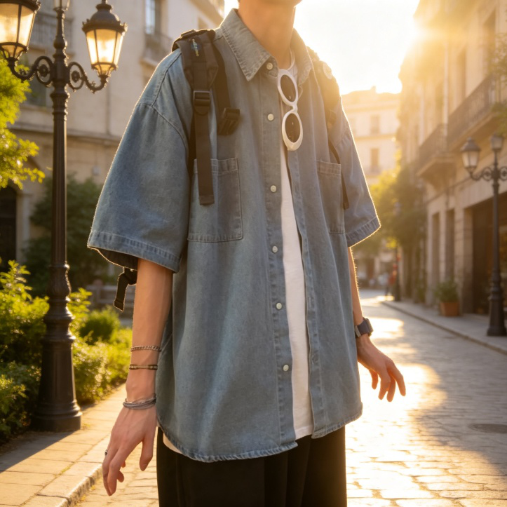 세련된 한국풍 데님 셔츠 디테일