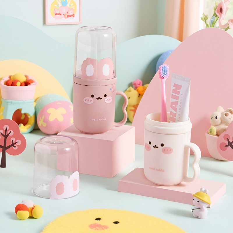  Utazási fogmosó készlet aranyos fogkefetartóval és pohárral