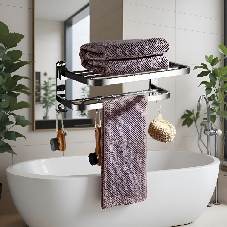 Stainless steel towel shelf holding folded towels