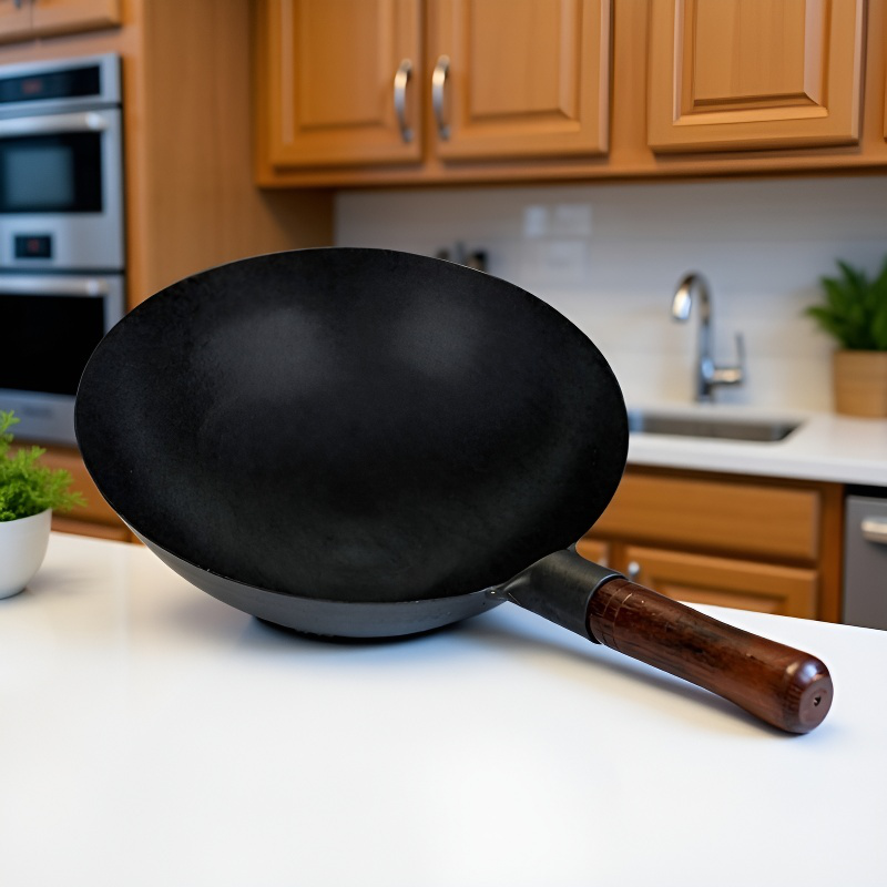 Altmodischer Wok-Topf aus Schmiedeeisen auf Herd