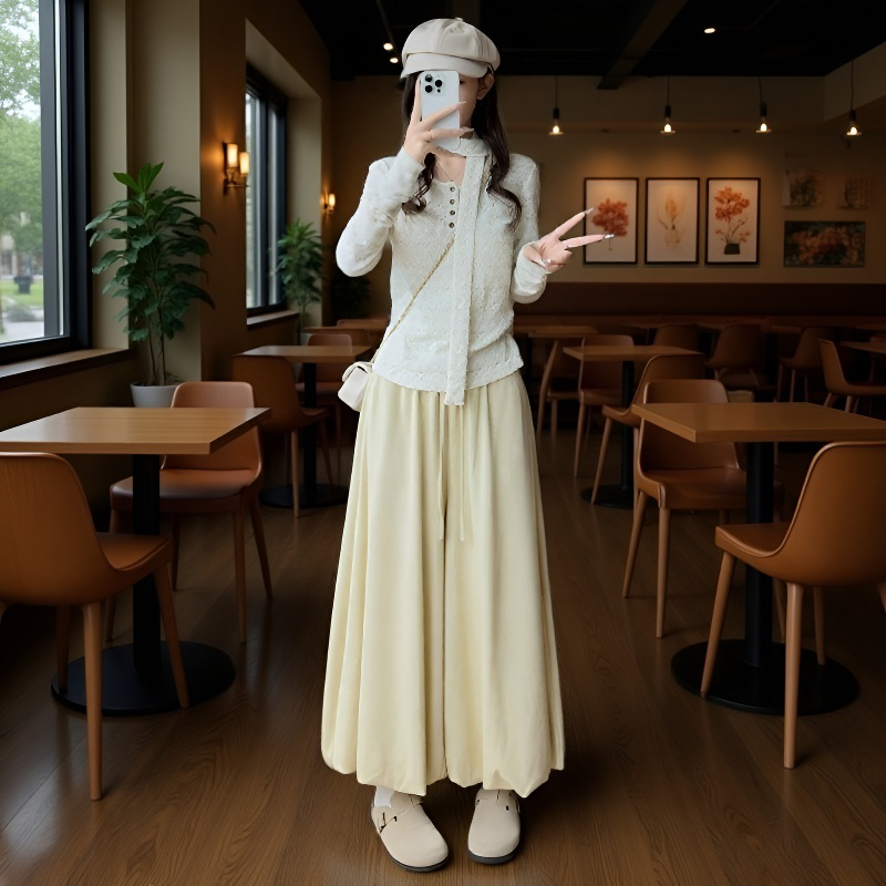 하이웨이스트 루즈핏 니트 누룽지 스커트팬츠