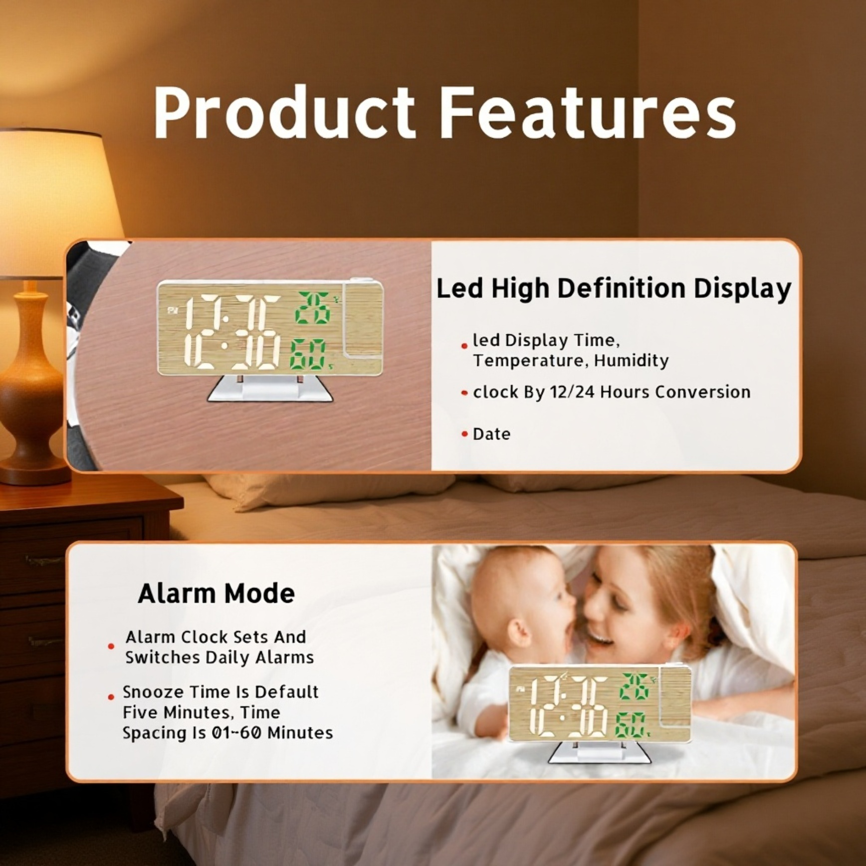 Multifunctional Wooden LED Projection Alarm Clock with Temperature and Humidity Display