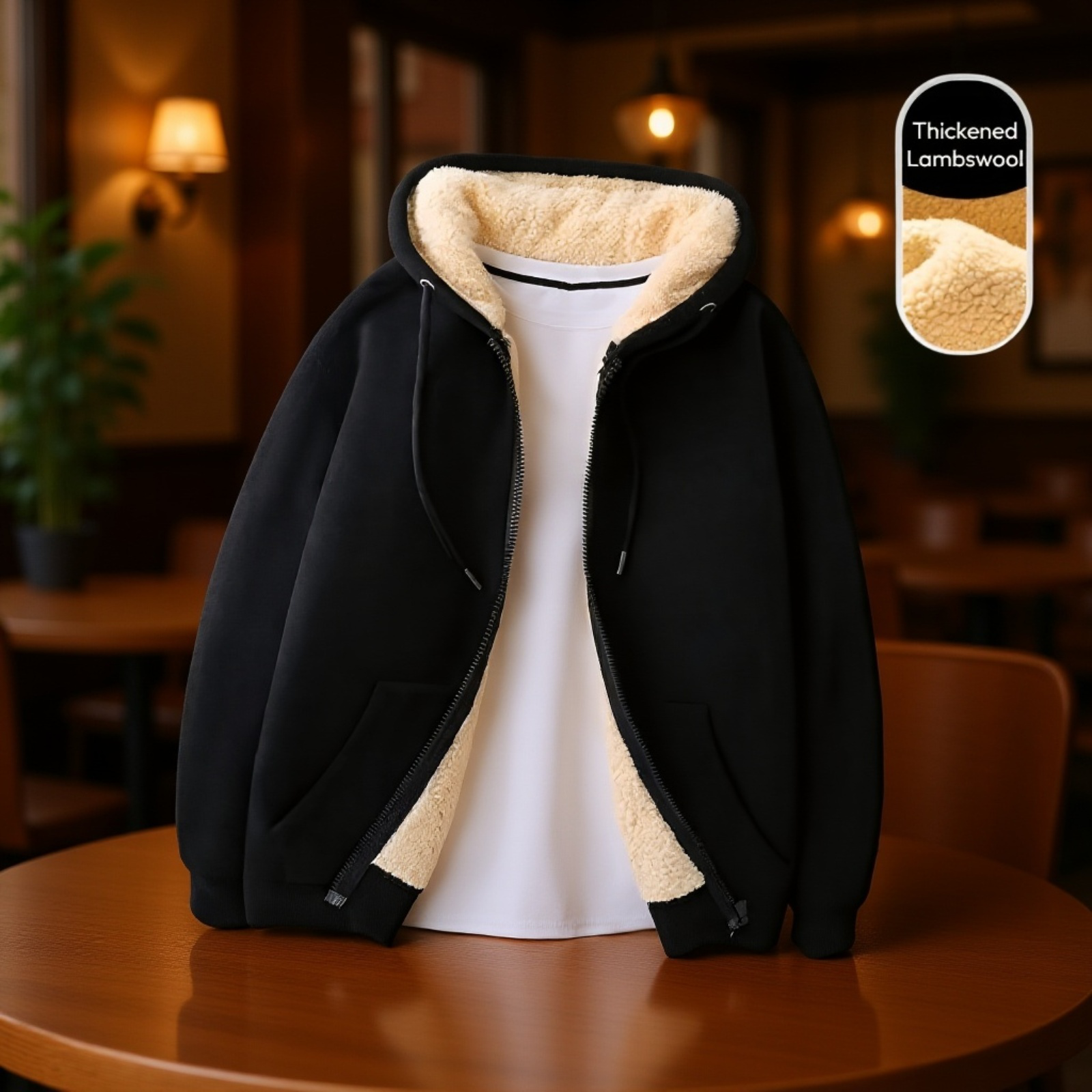 Fleece-Lined Thickened Men's Hoodie Jacket with Lamb Wool Lining