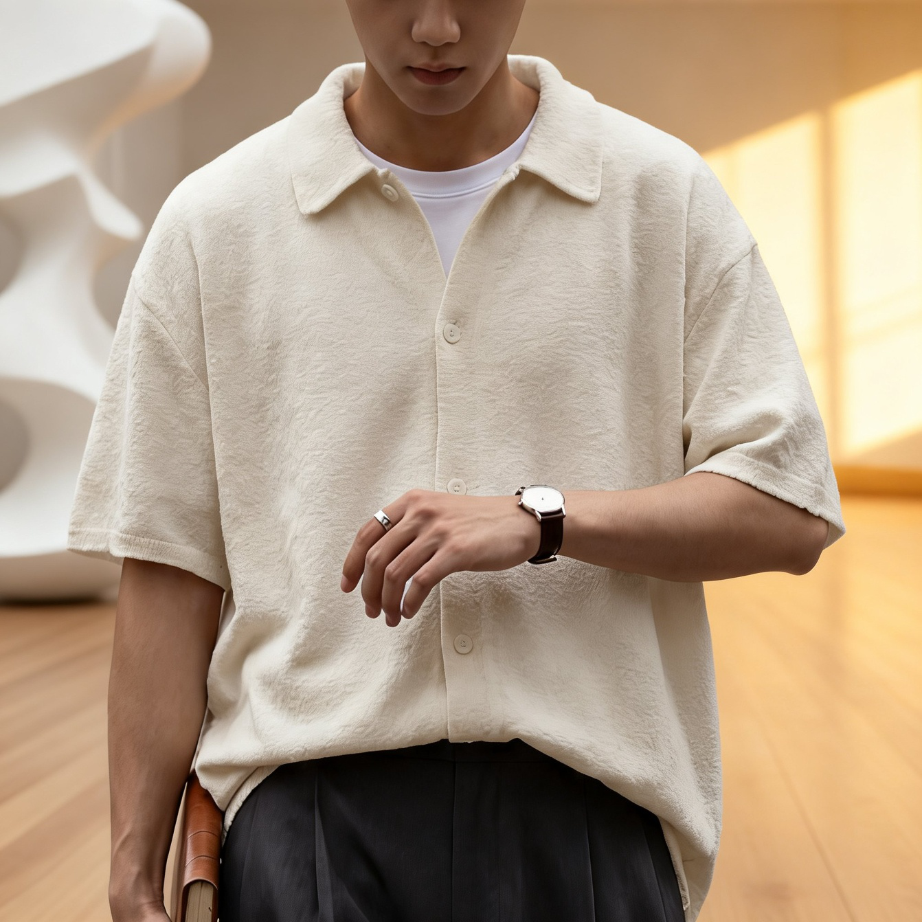 メンズゆったり無地パイルオープンカラー半袖シャツ 春夏バカンス風