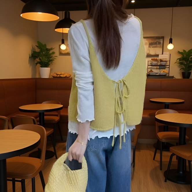 가을 신상 니트 베스트 투피스, 여성 스트랩 긴팔 티셔츠 세트