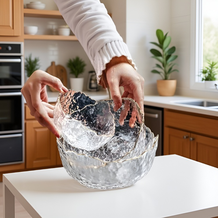 High color glass salad bowl with hammered design
