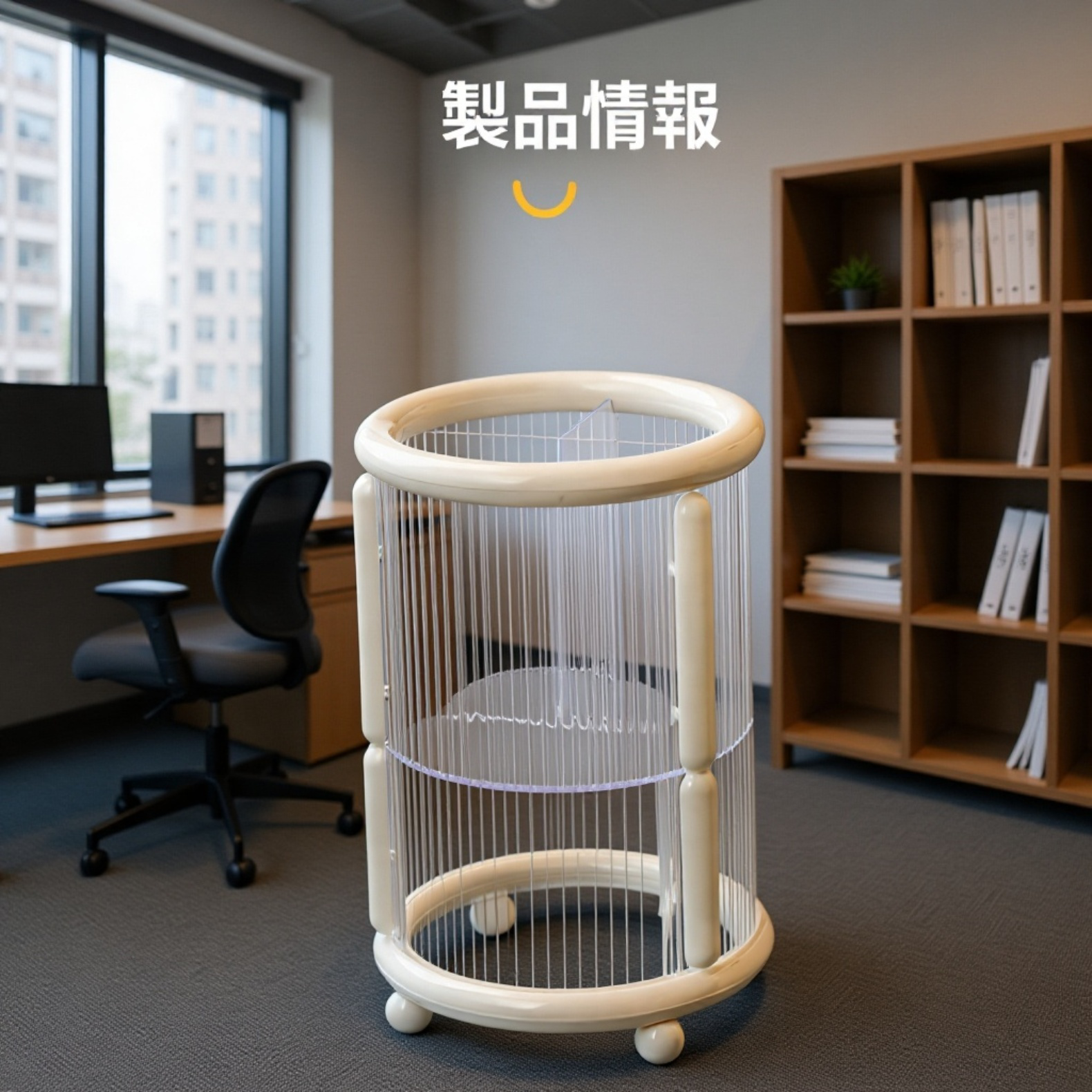 ブラシやリップが美しく整理された収納バケツ