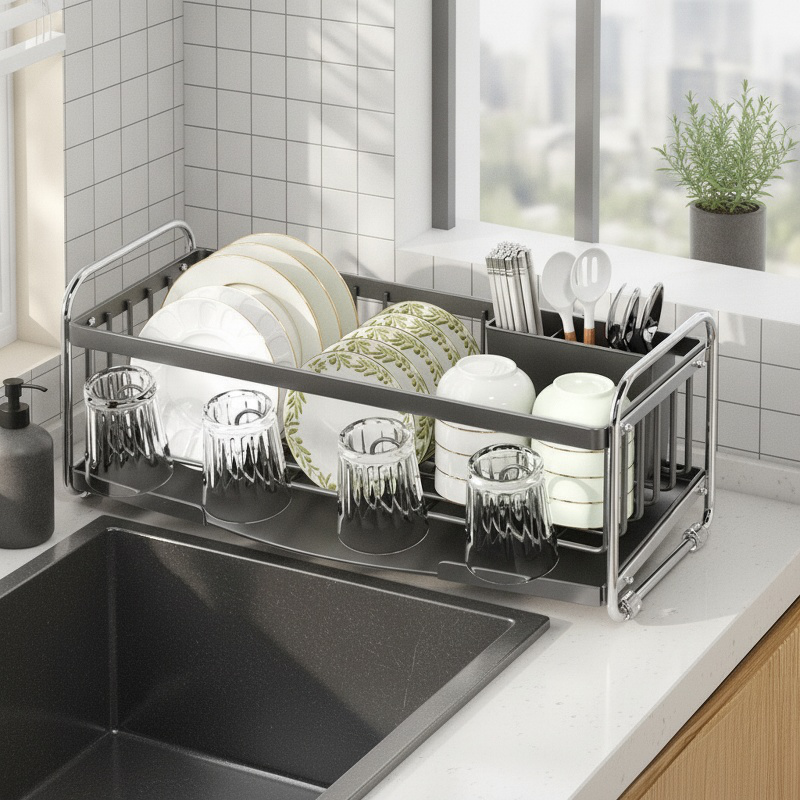 Kitchen Countertop Multifunctional Drain Rack with Knife and Chopstick Holder