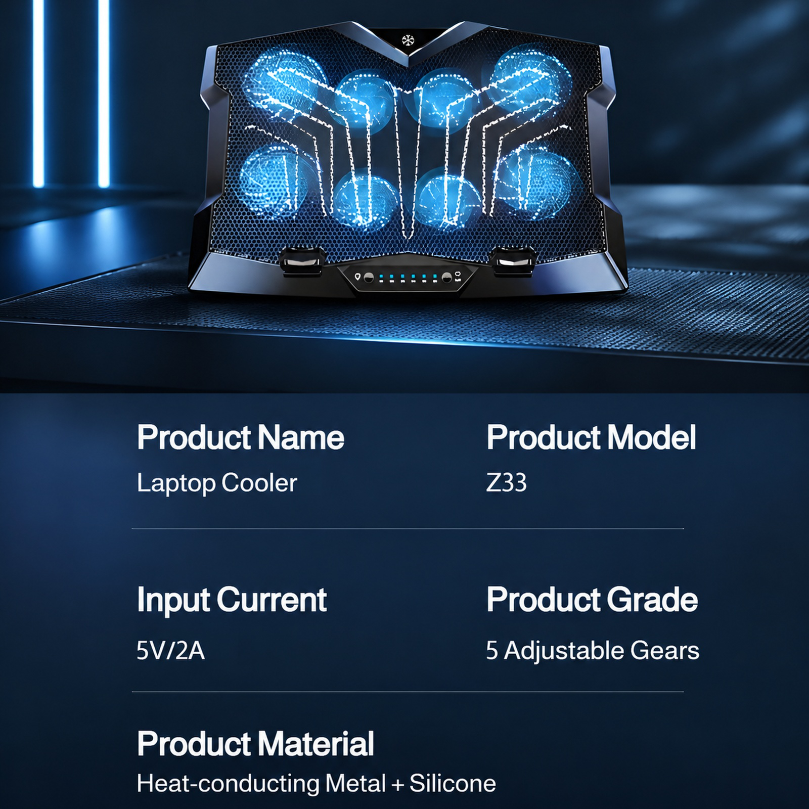 Noiseless laptop cooler with adjustable angles