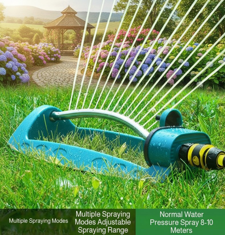 Sprinkler head watering flowerbeds evenly