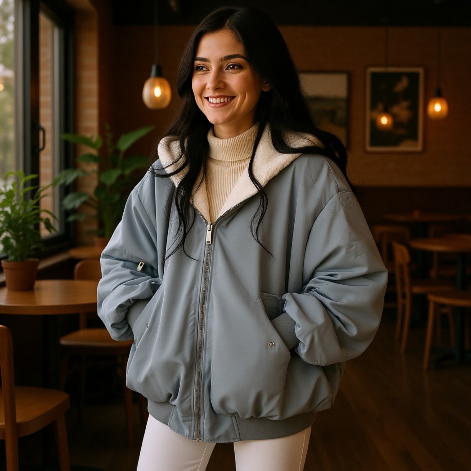 フード付き裏起毛厚手レディースコート