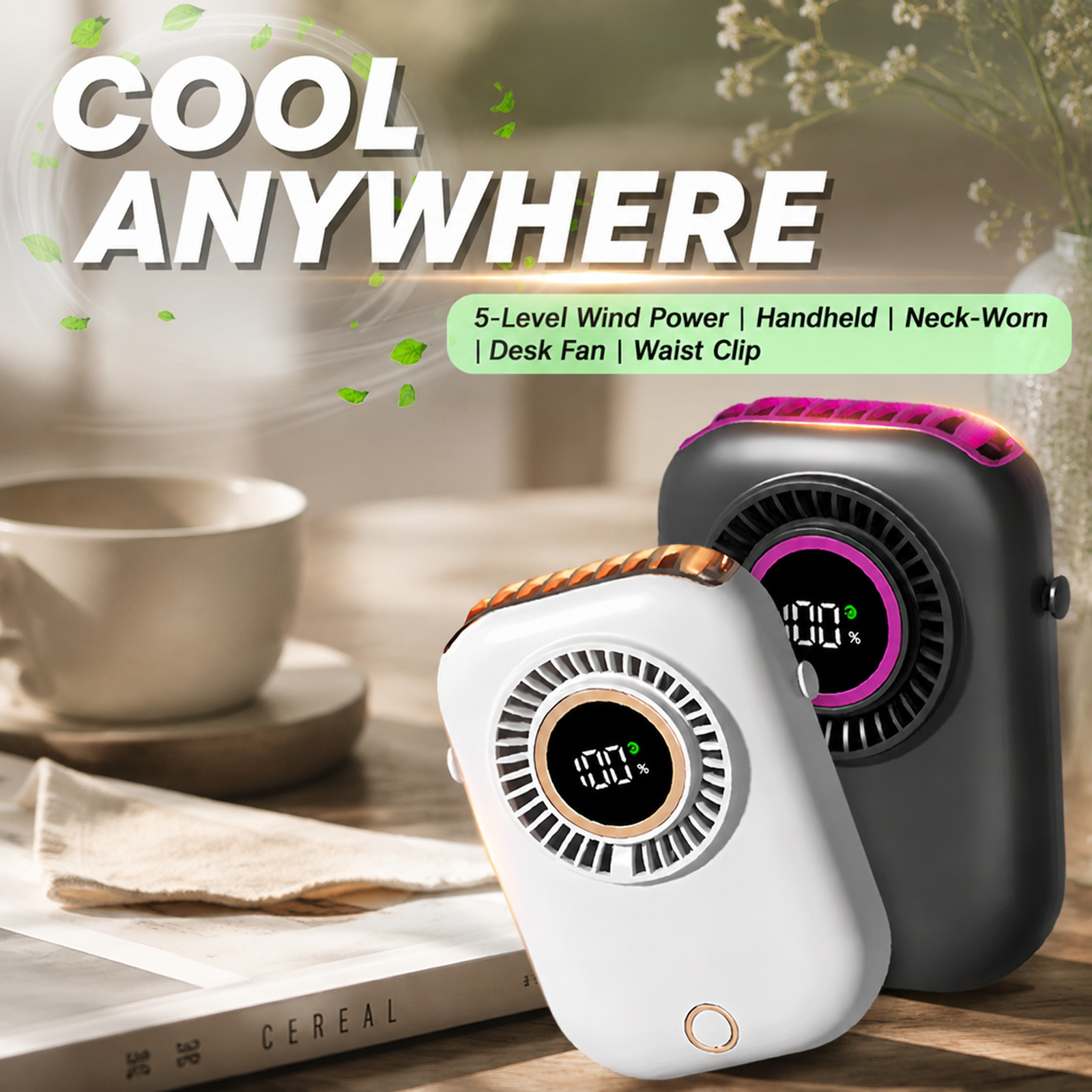 Portable Mini Neck Fan with Smart Digital Display, Lighting & 5 Adjustable Speeds