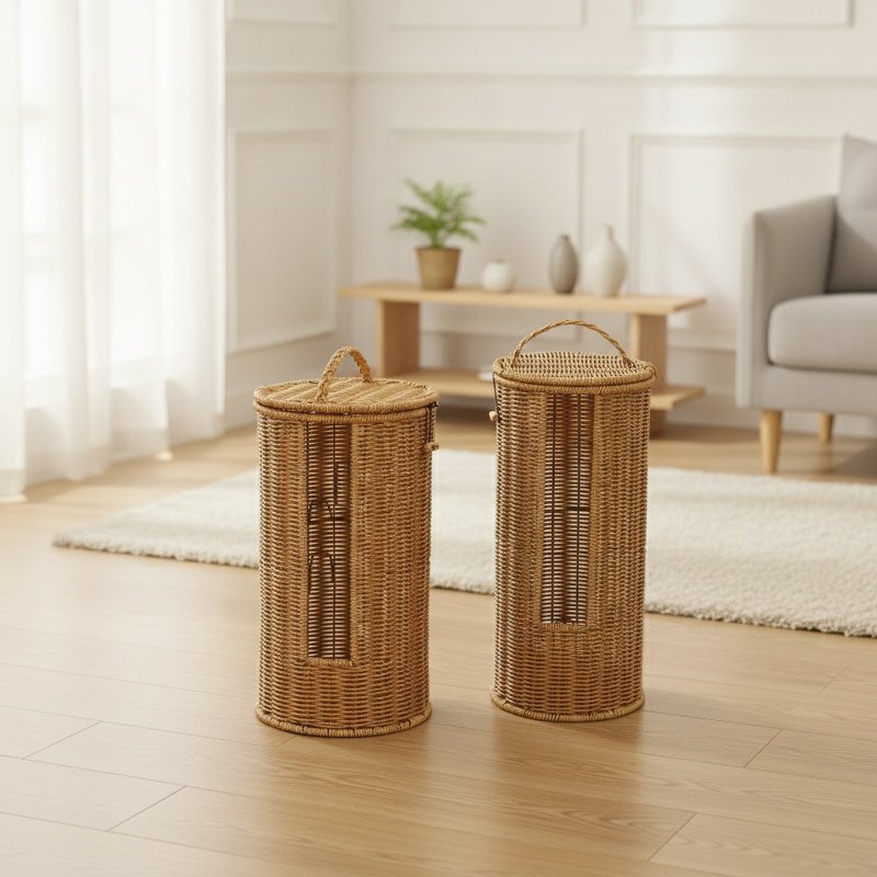 Lidded Imitation Rattan Storage Barrel Hotel Homestay Bathroom Towel Basket