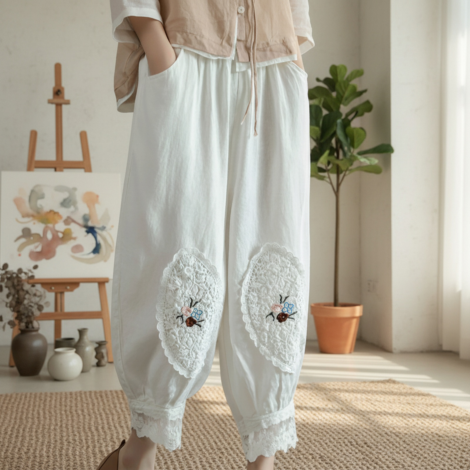 レース刺繍入りコットンリネンランタンパンツ（女性用）
