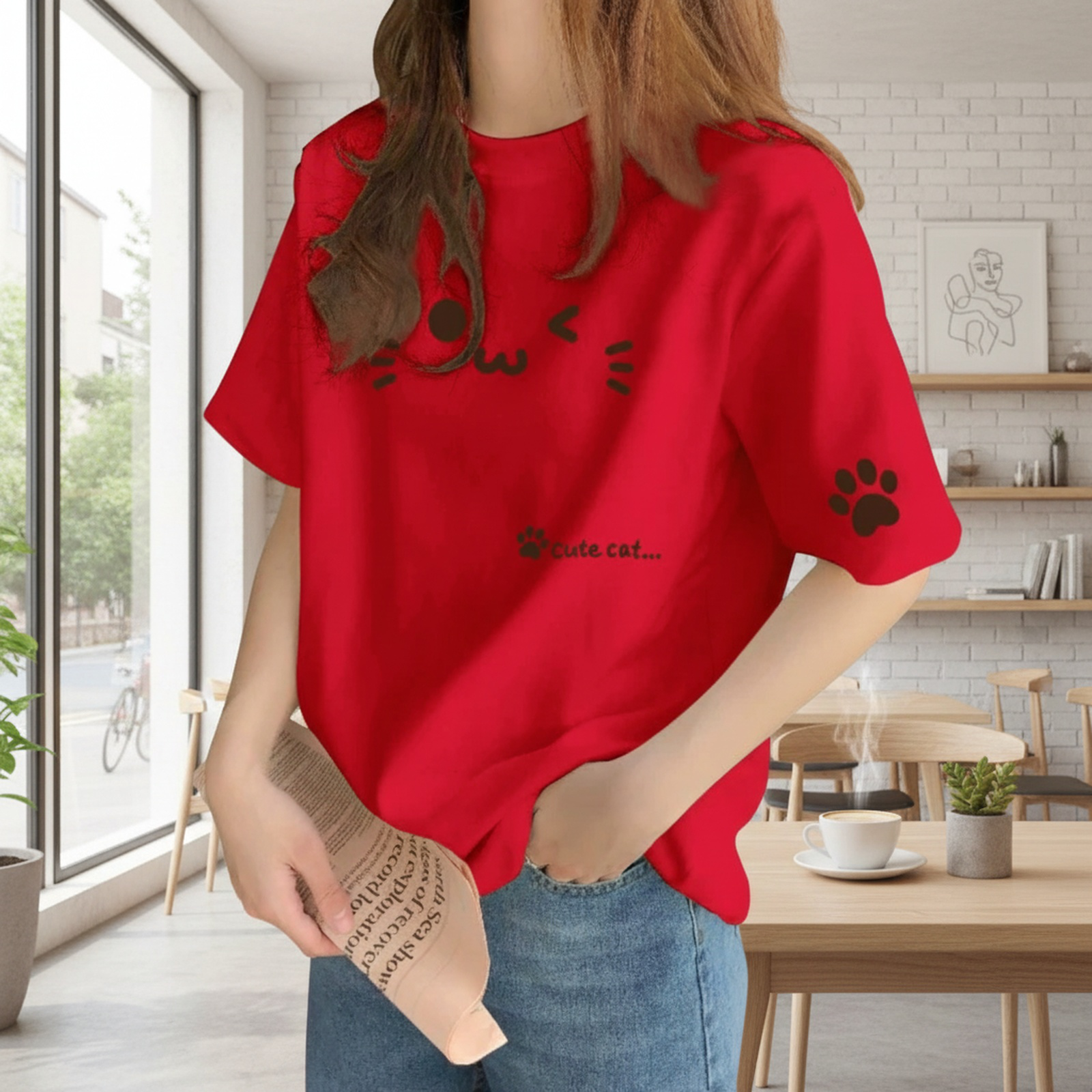 デザイン感のある レディース コットン ベージュ インナーTシャツ